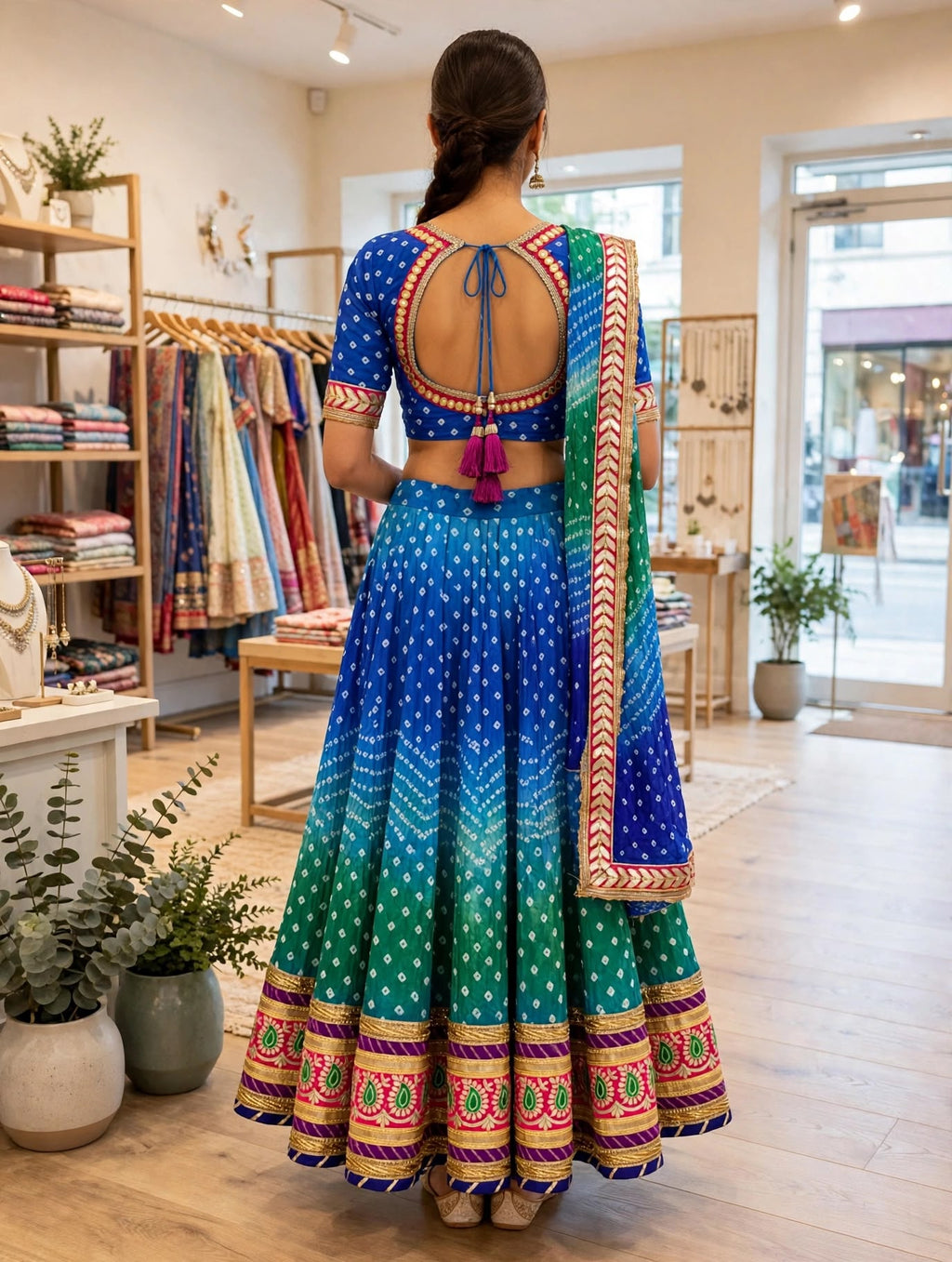 Beautiful Blue &amp; Green Silk Bandhani Lehenga Choli