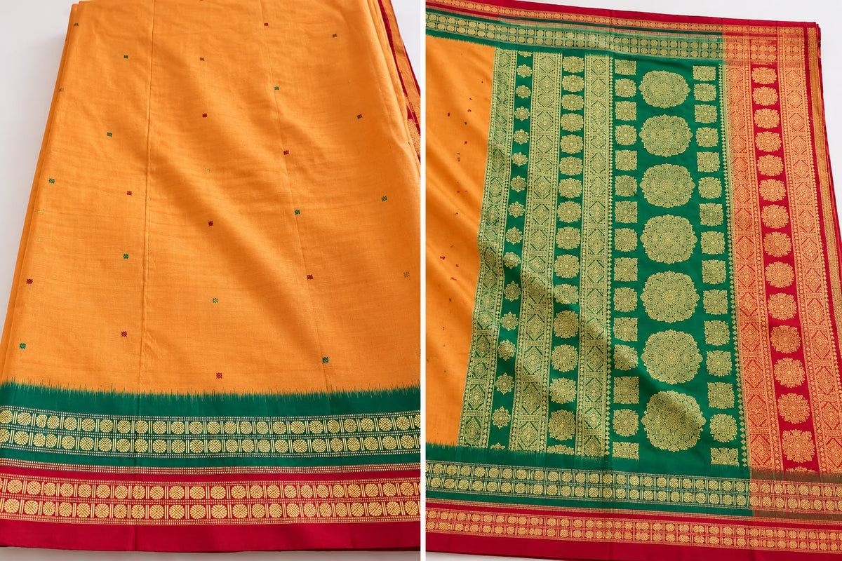 Elegant Golden Orange Silk Saree with Emerald Green &amp; Maroon Zari Pallu