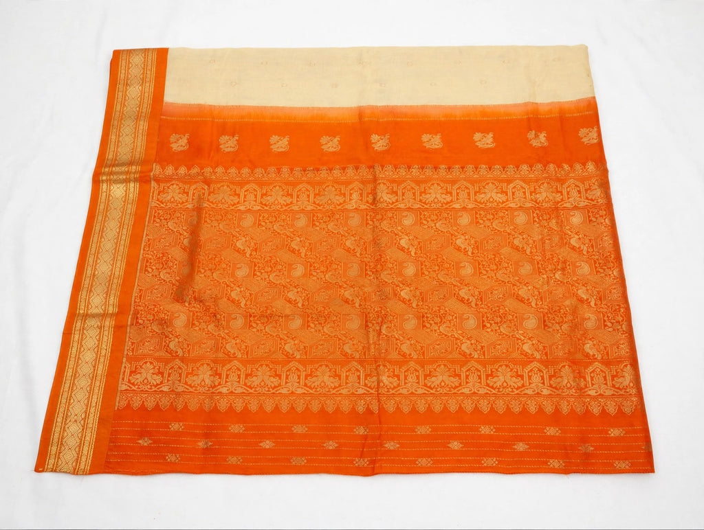 Elegant Cream &amp; Orange Silk Saree with Rich Gold Zari Pallu