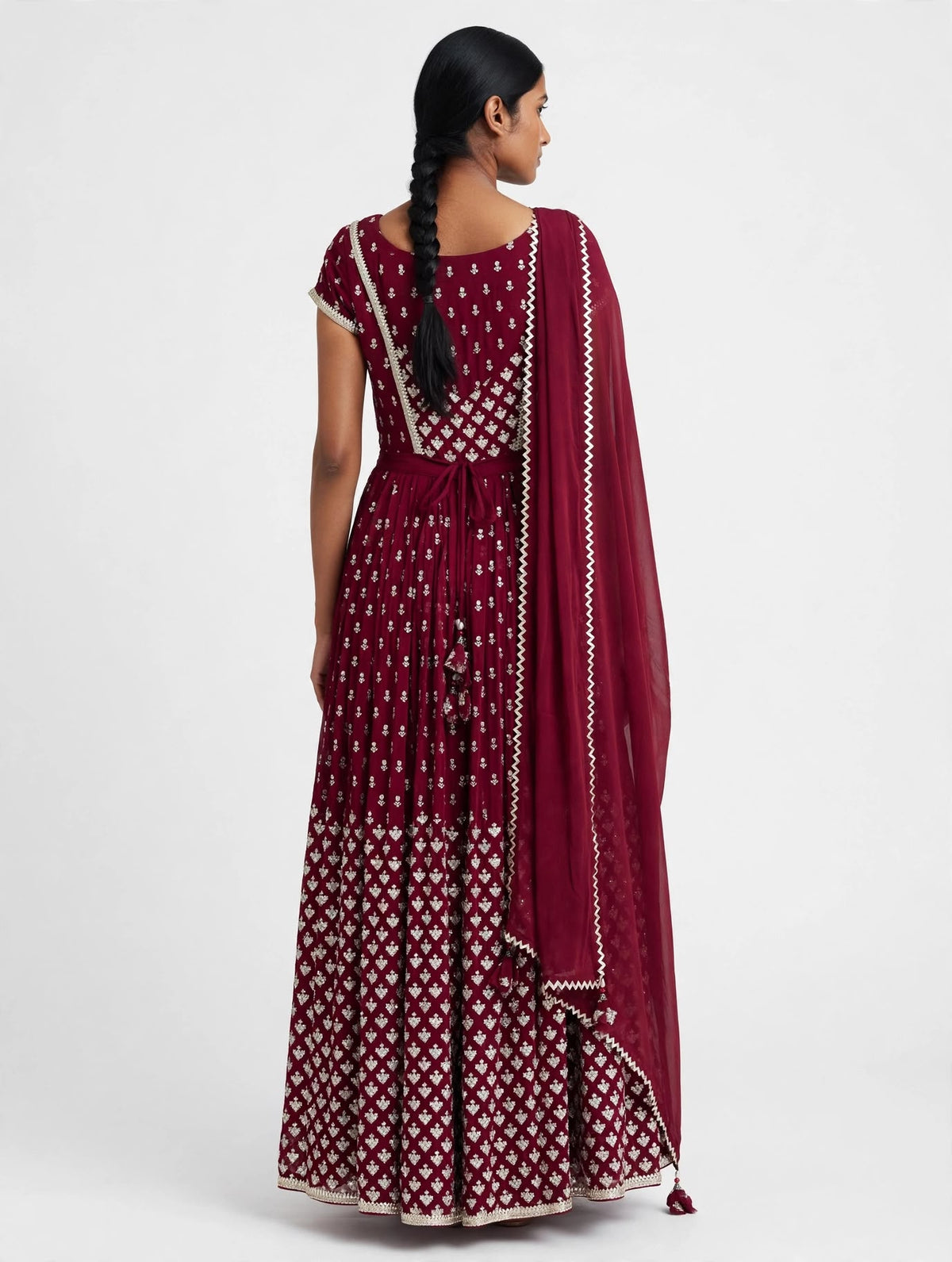 Maroon Embroidered Dress with Silver Diamond Motifs and Dupatta