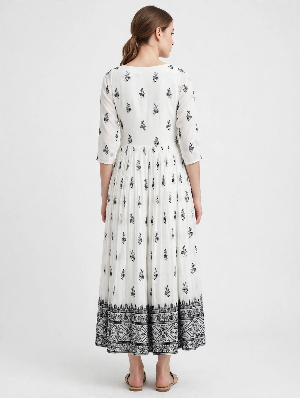 White Dress with Black Embroidered Yoke and Hem Border