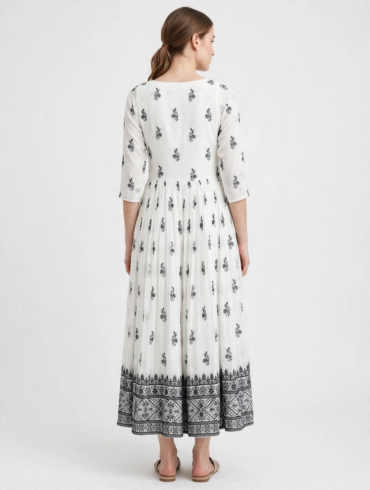 White Dress with Black Embroidered Yoke and Hem Border