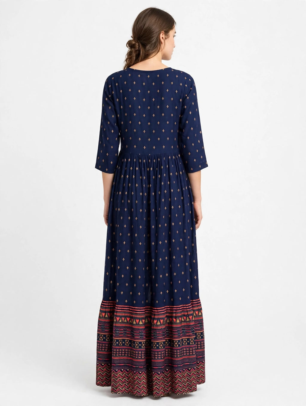 Navy Dress with Gold Diamond Buttis and Patterned Hem Border print