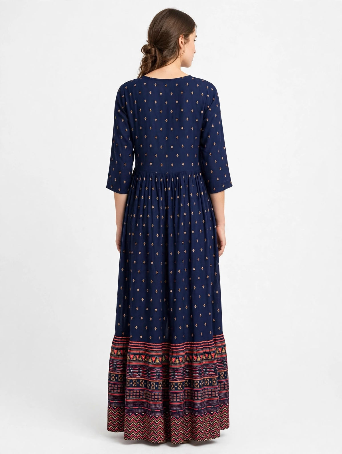Navy Dress with Gold Diamond Buttis and Patterned Hem Border print