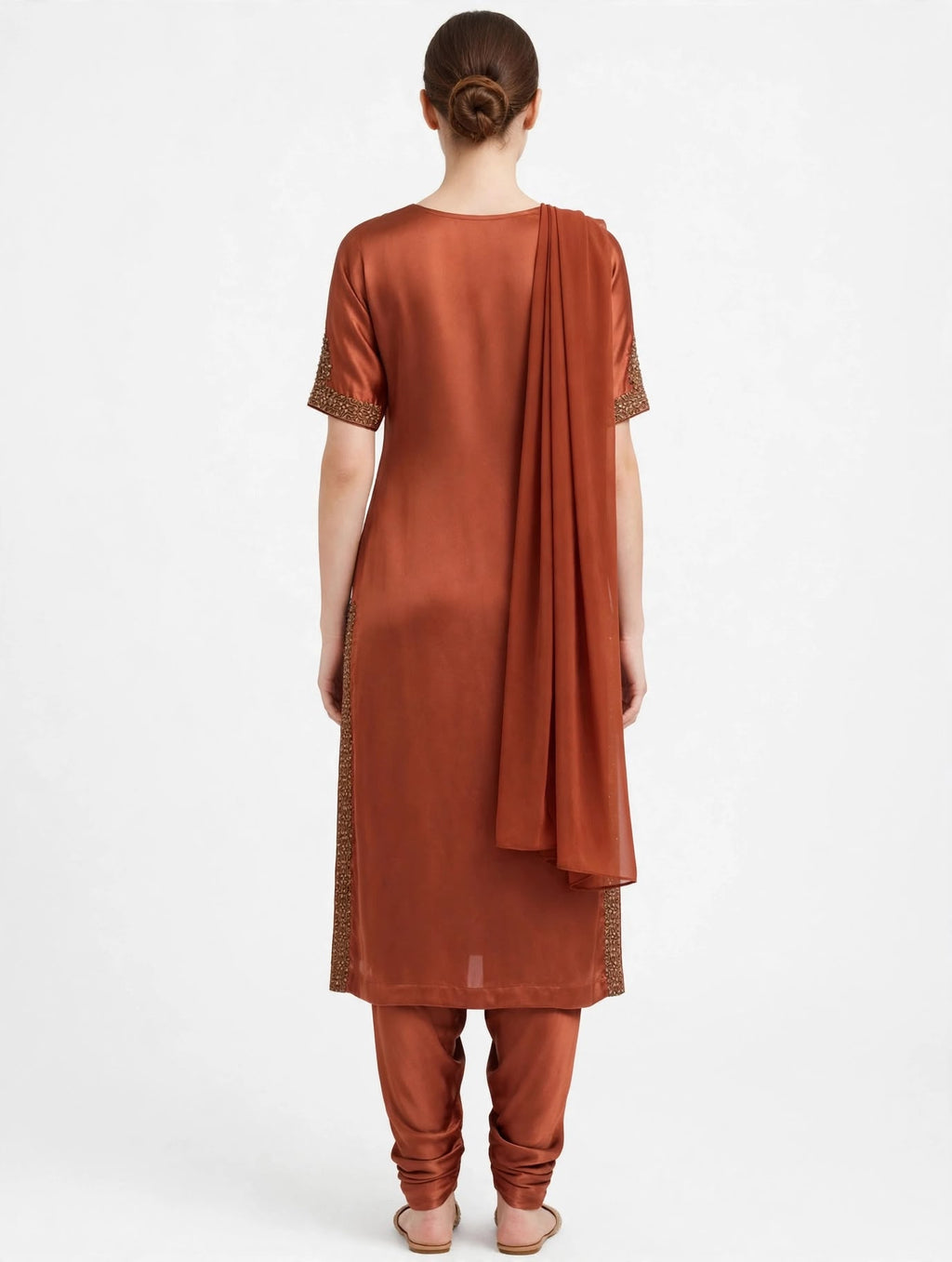 Rust Kurta with Beaded Neckline and Embroidered Cuffs