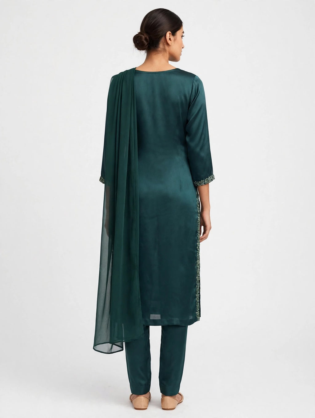 Bottle Green Crepe Satin Silk Suit with Embroidered Neckline