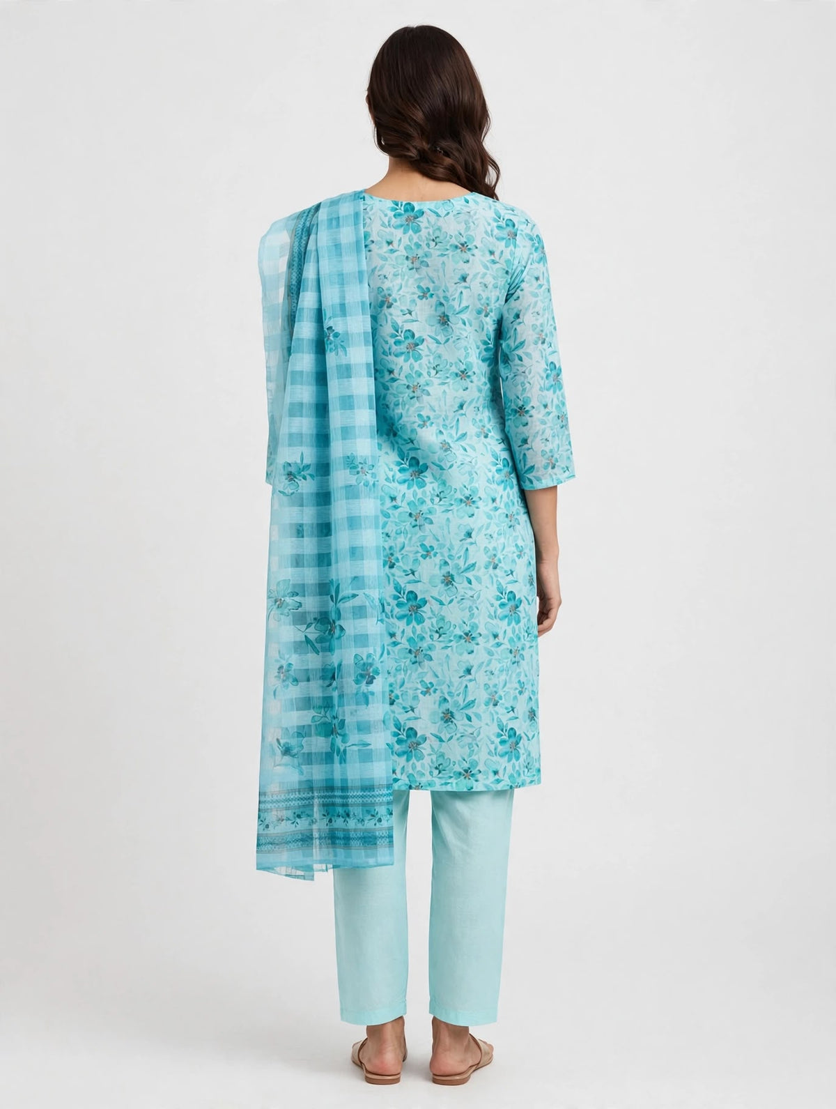 Sky Blue Floral Cotton silk blend Suit with Checkered Dupatta